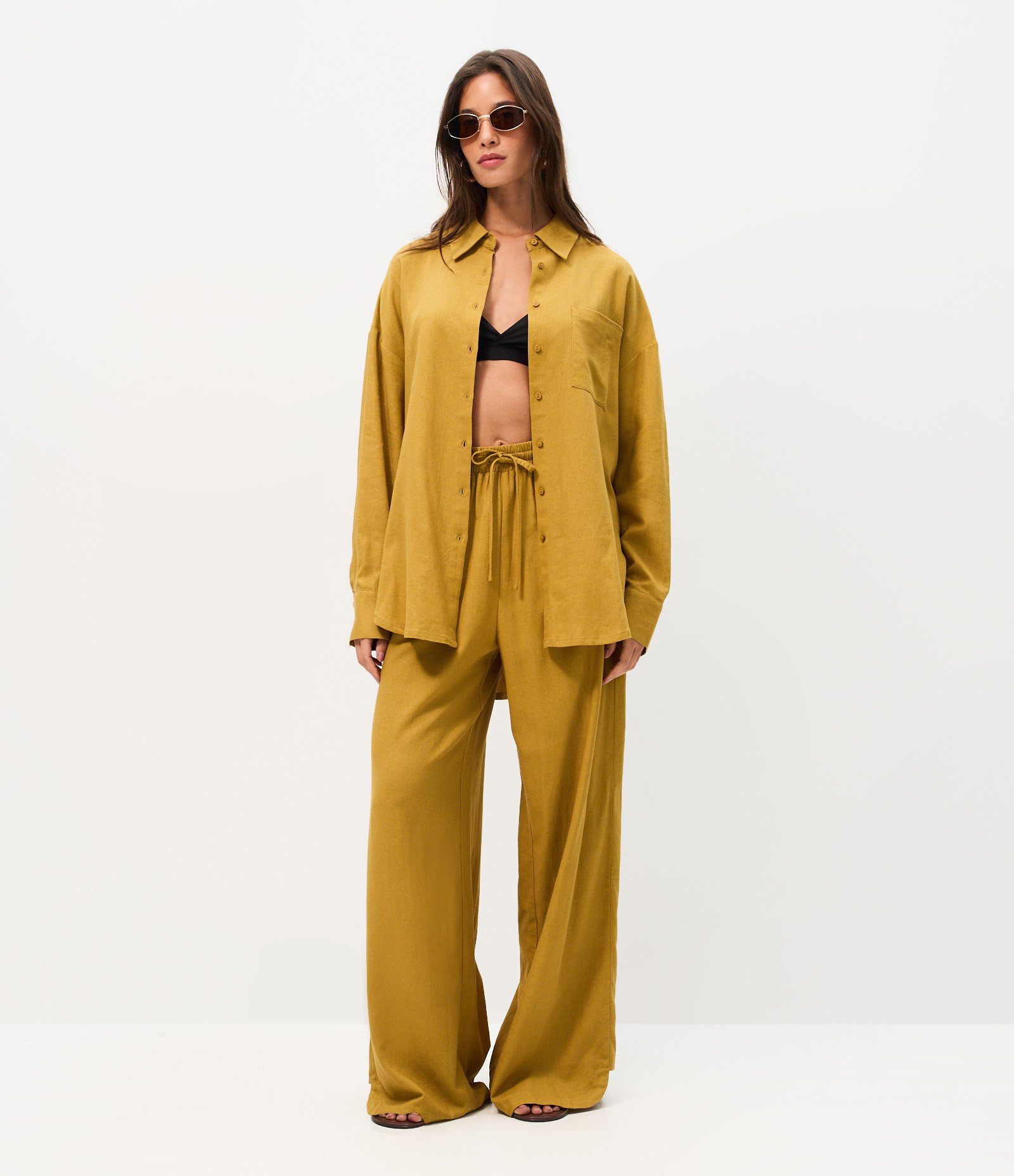 Camisa Alongada Manga Longa em Viscolinho Amarelo 2