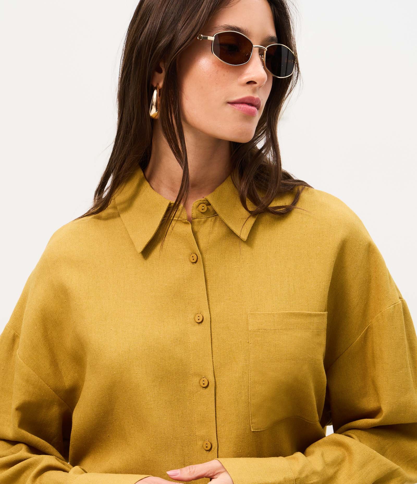 Camisa Alongada Manga Longa em Viscolinho Amarelo 3