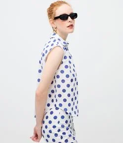 Camisa em Algodão com Gola Padre e Estampa Poa