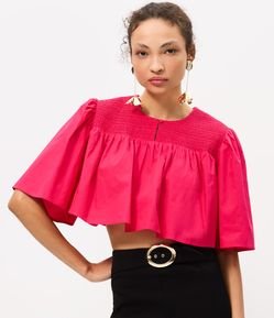Blusa Cropped em Tricoline com Franzido e Manga Ampla