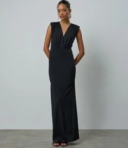 Vestido New Midi com Decote Transpassado e Ombreira