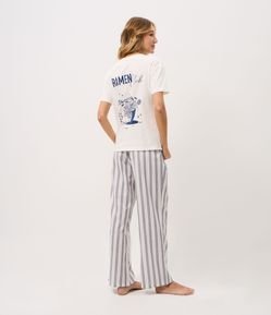 Pijama Longo em Algodão com Estampa de Listras e Ramen