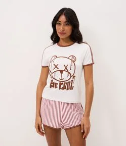 Pijama Curto em Peach Touch com Estampa de Urso