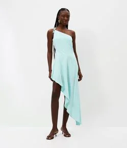 Vestido Assimétrico Ombro Único em Viscose Texturizada com Babado