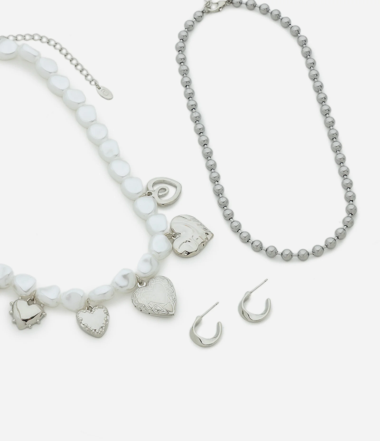 Conjunto de Colar Camadas com Pérolas e Brincos Argola Prata 1