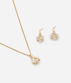 Conjunto de Colar e Brincos com Pingente de Pedra Brilhante