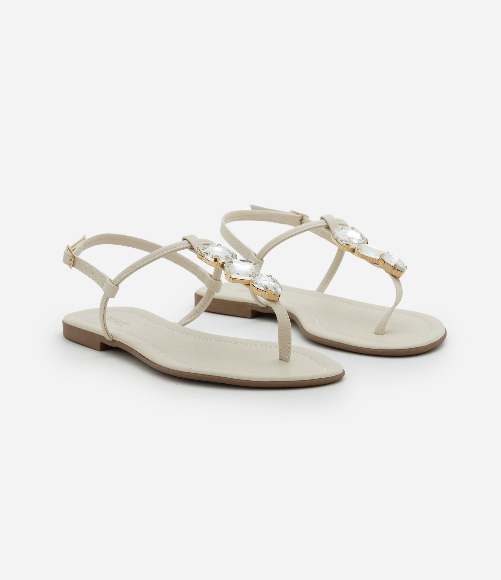 Sandália Rasteira com Tiras Finas e Pedras Off White 2