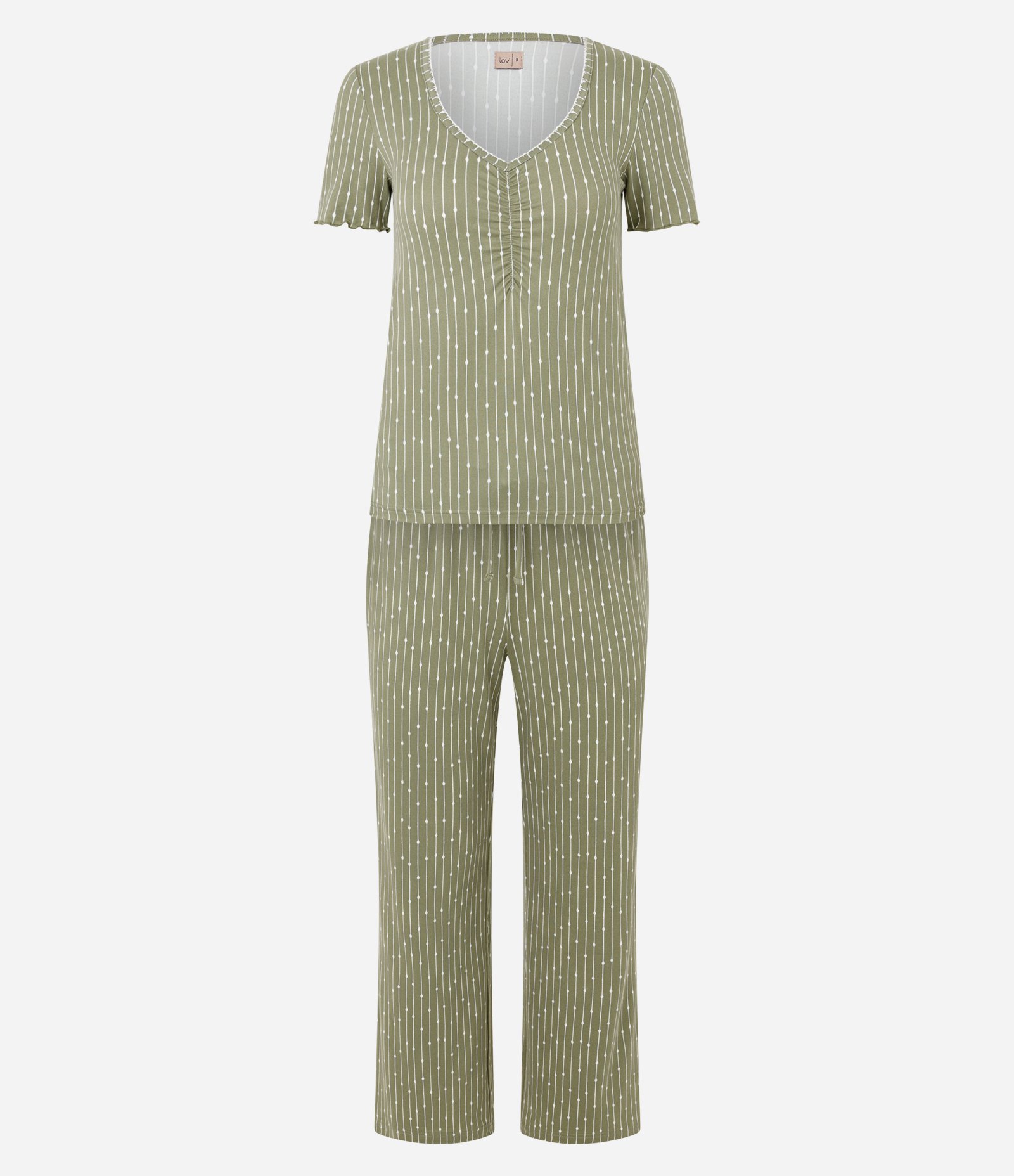 Pijama Longo em Peach Touch com Estampa Listrada Verde 1