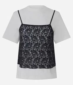 Blusa em Algodão com Regata de Renda Sobreposta