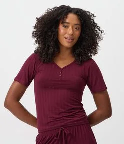 Blusa de Pijama em Ribana com Decote V e Botões