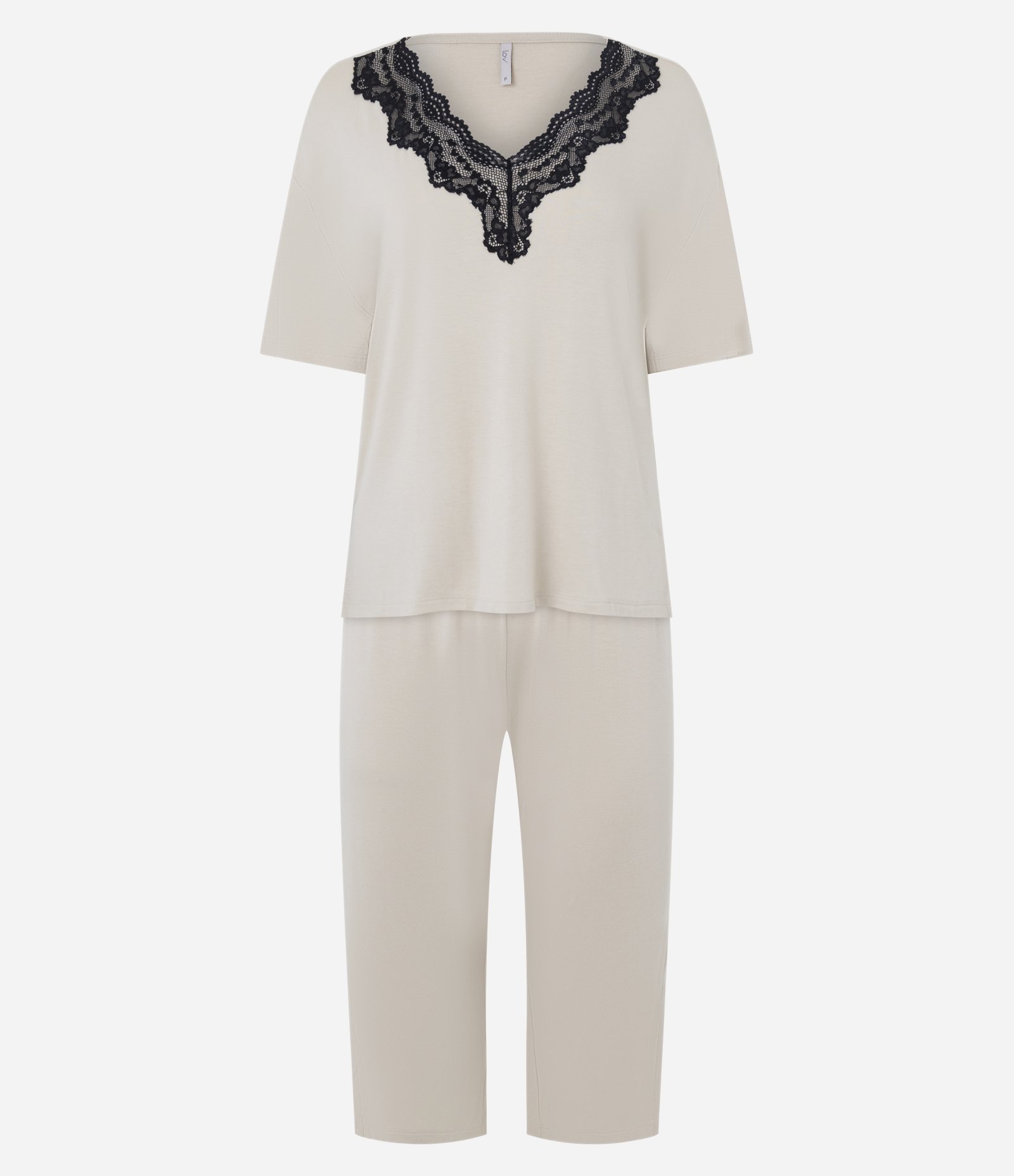 Pijama em Viscolycra com Renda na Gola Bege 1