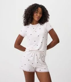 Short de Pijama em Peach Touch com Estampa de Corações