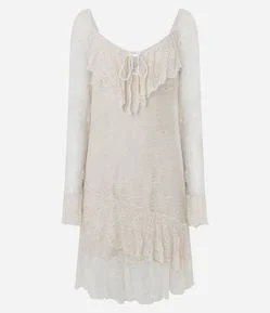 Vestido Curto em Renda com Manga Longa e Babados