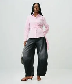 Calça Barrel Jeans com Cintura Alta e Lavagem Estonada