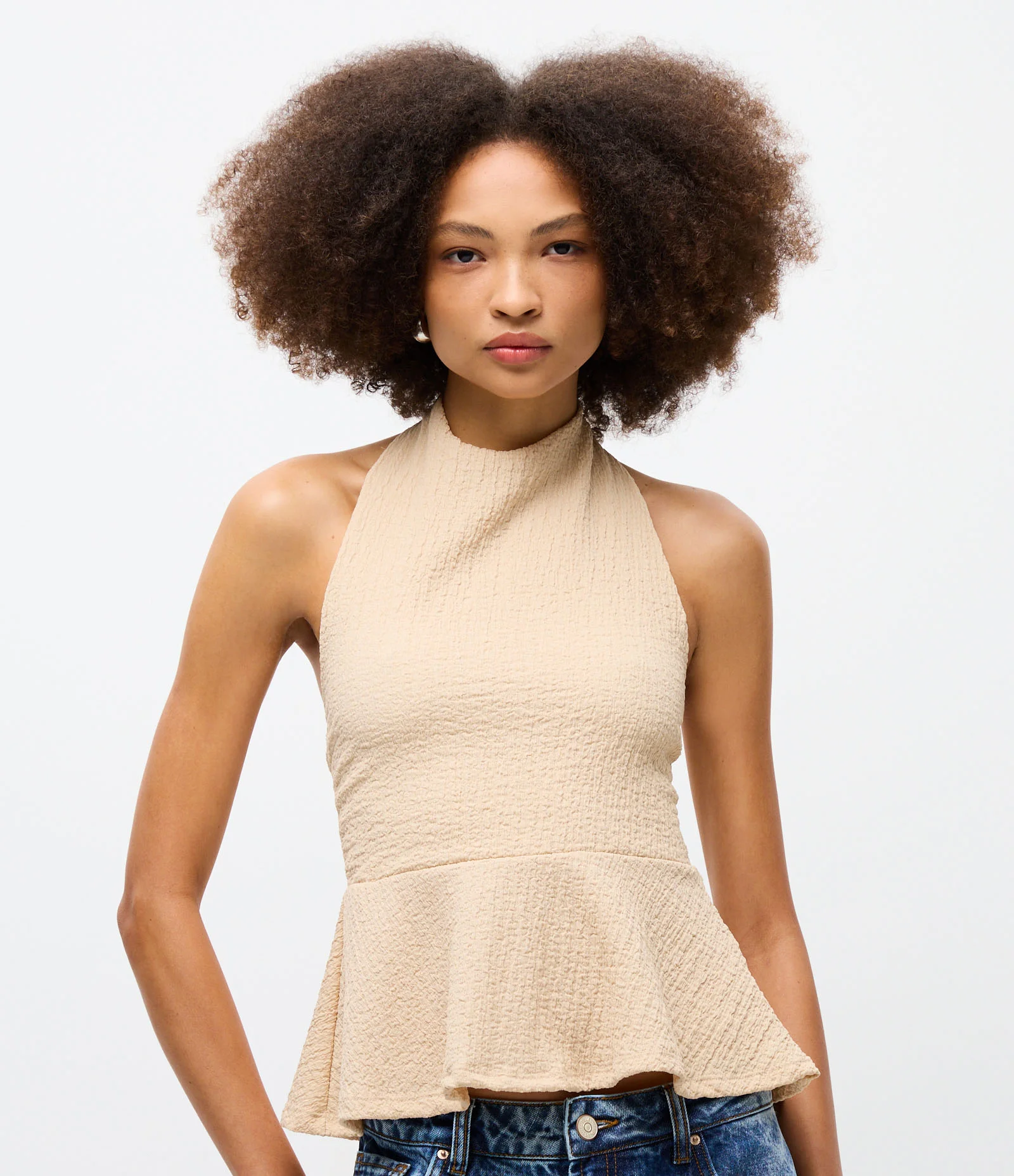 Blusa Peplum Frente Única em Viscose Texturizada Off White 1