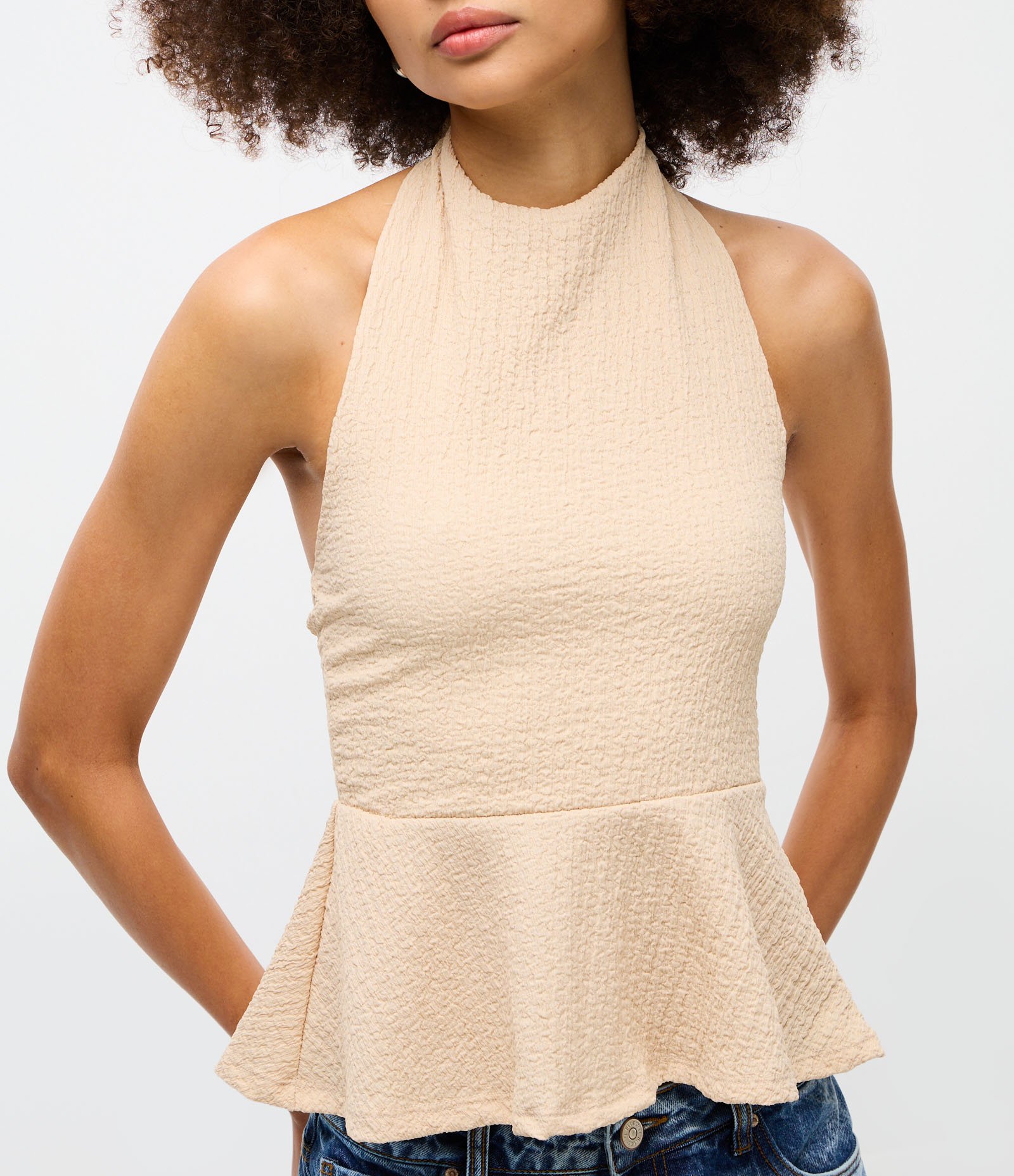 Blusa Peplum Frente Única em Viscose Texturizada Off White 3