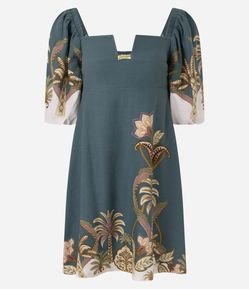 Vestido Curto em Viscolinho com Estampa Coqueiro e Manga Bufante