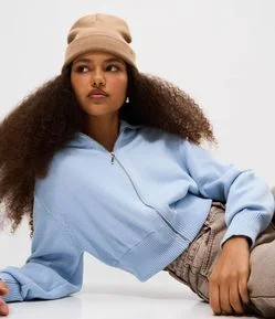 Jaqueta Cropped em Tricô com Zíper Contínuo