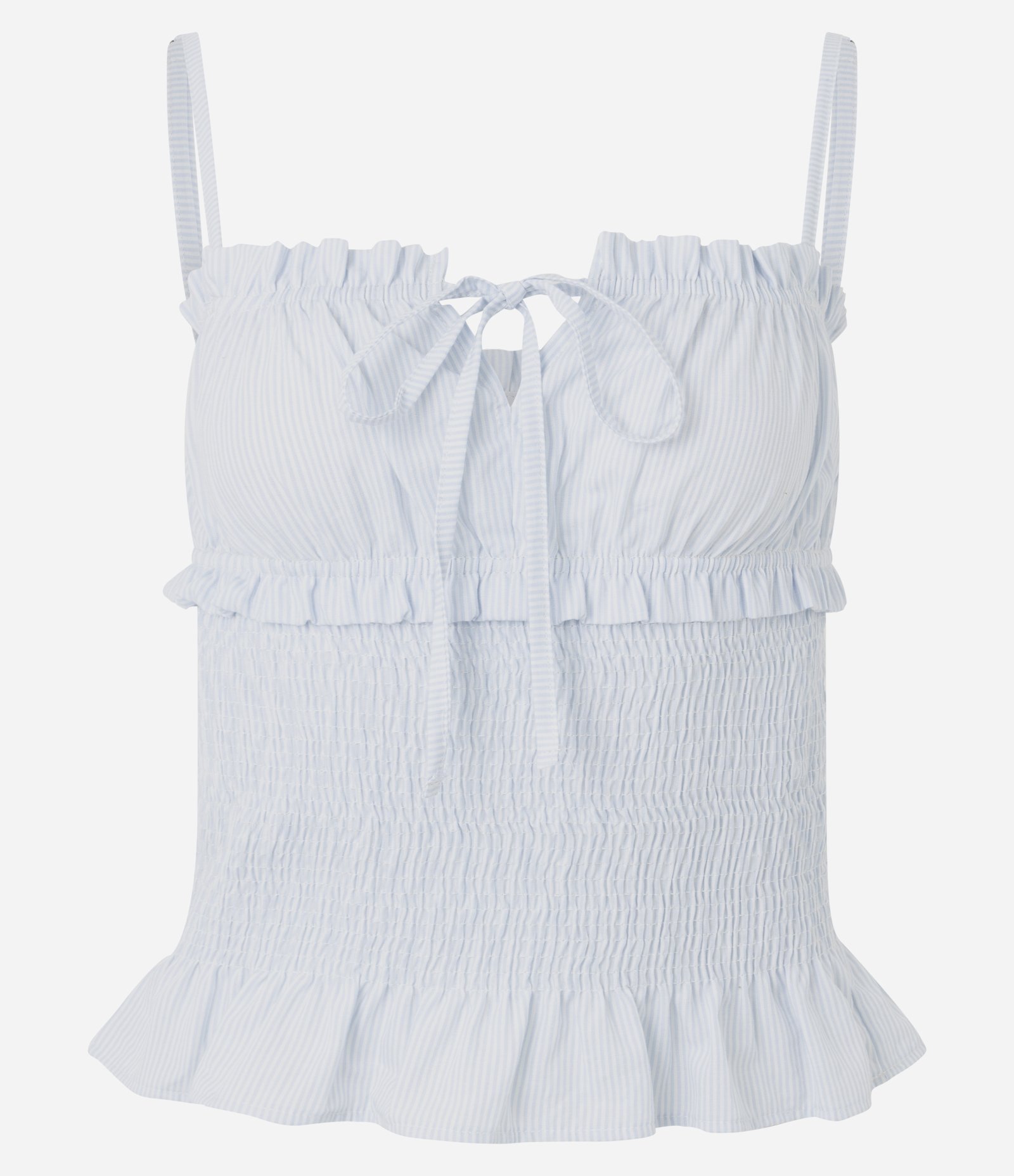 Blusa Ajustada em Tricoline Listrada com Babados Azul 3