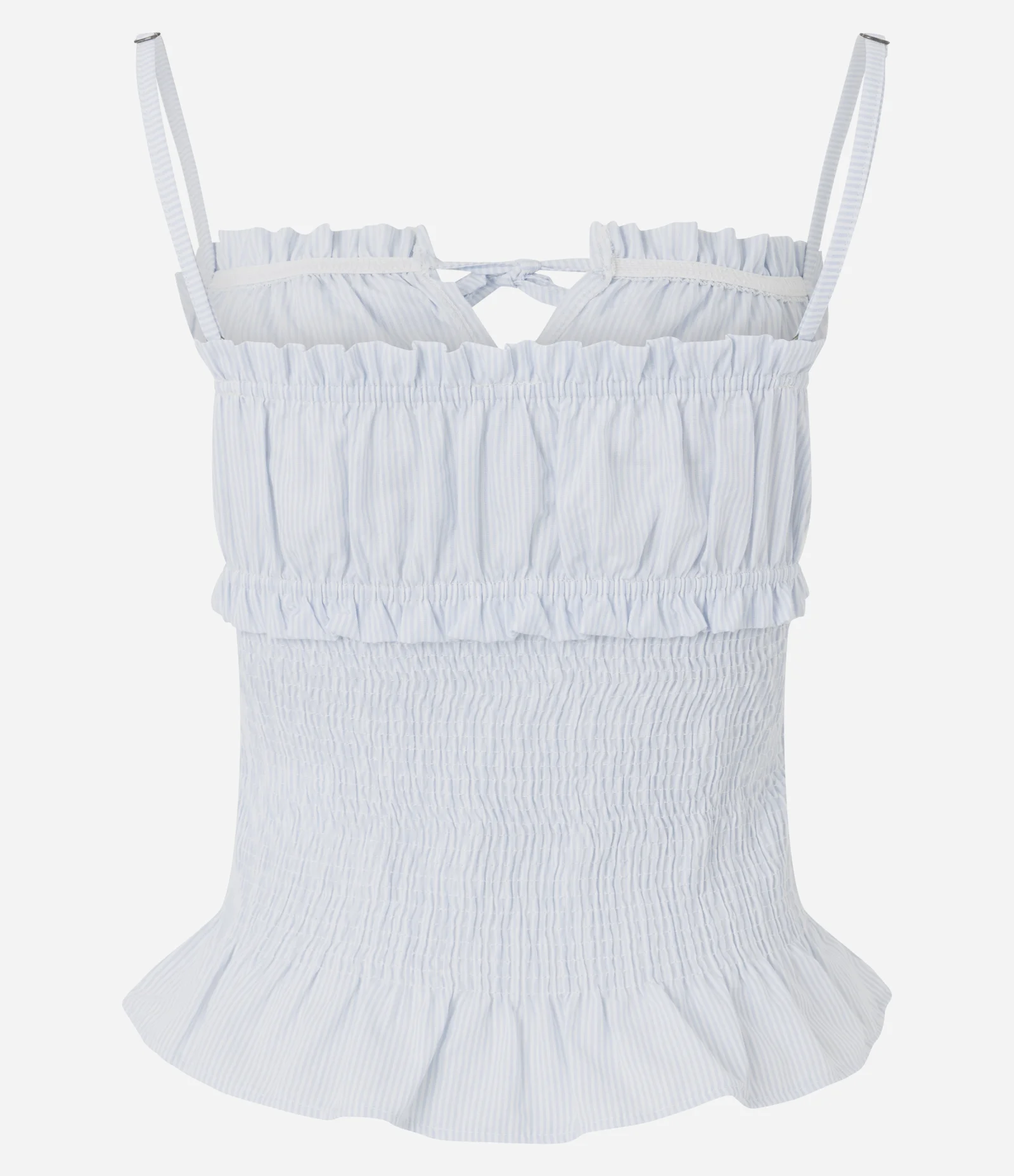 Blusa Ajustada em Tricoline Listrada com Babados Azul 4