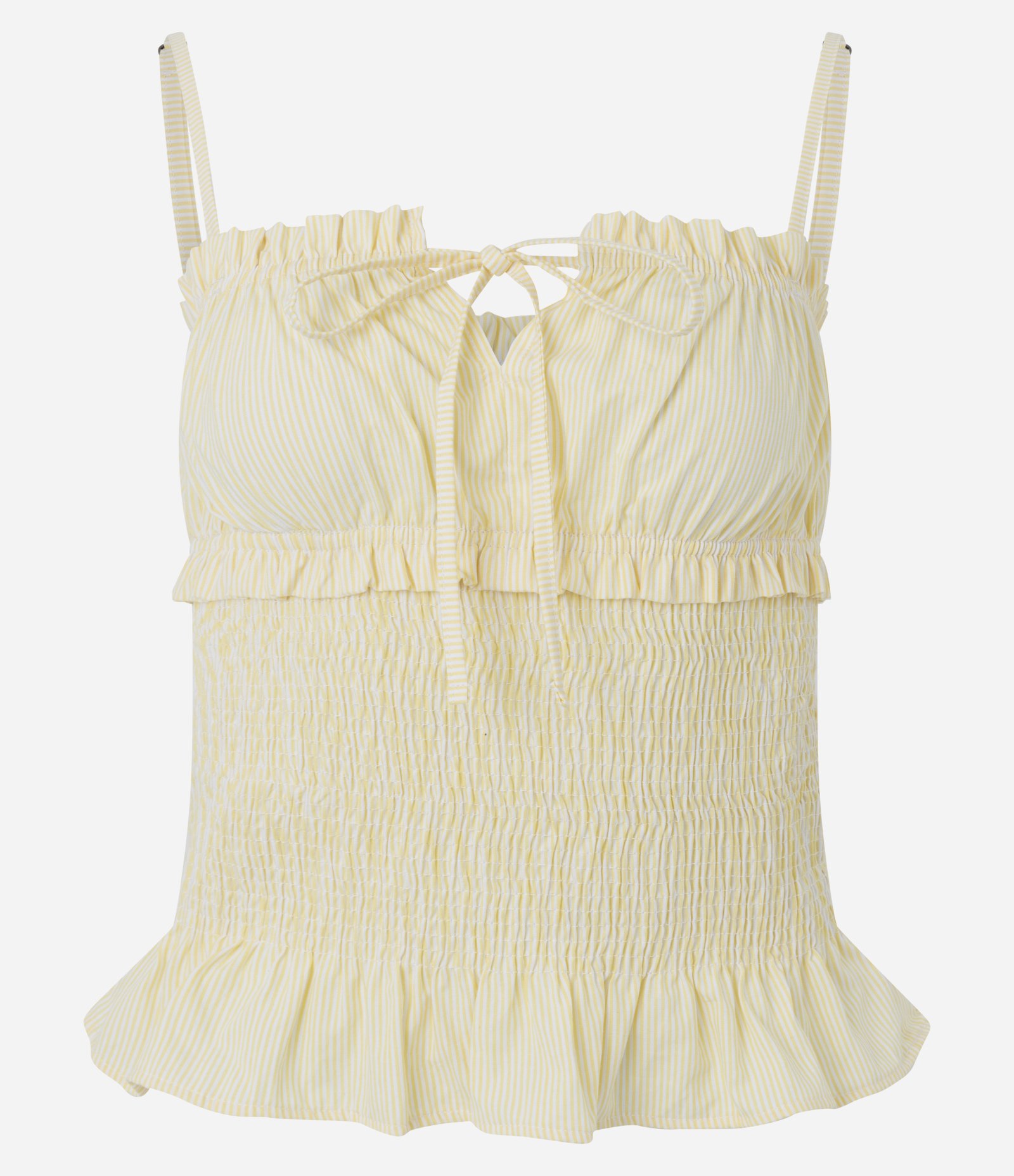 Blusa Ajustada em Tricoline Listrada com Babados Amarelo 5