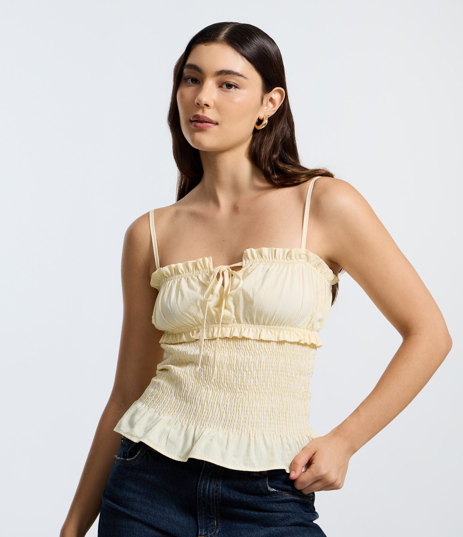 Blusa Ajustada em Tricoline Listrada com Babados Amarelo 1