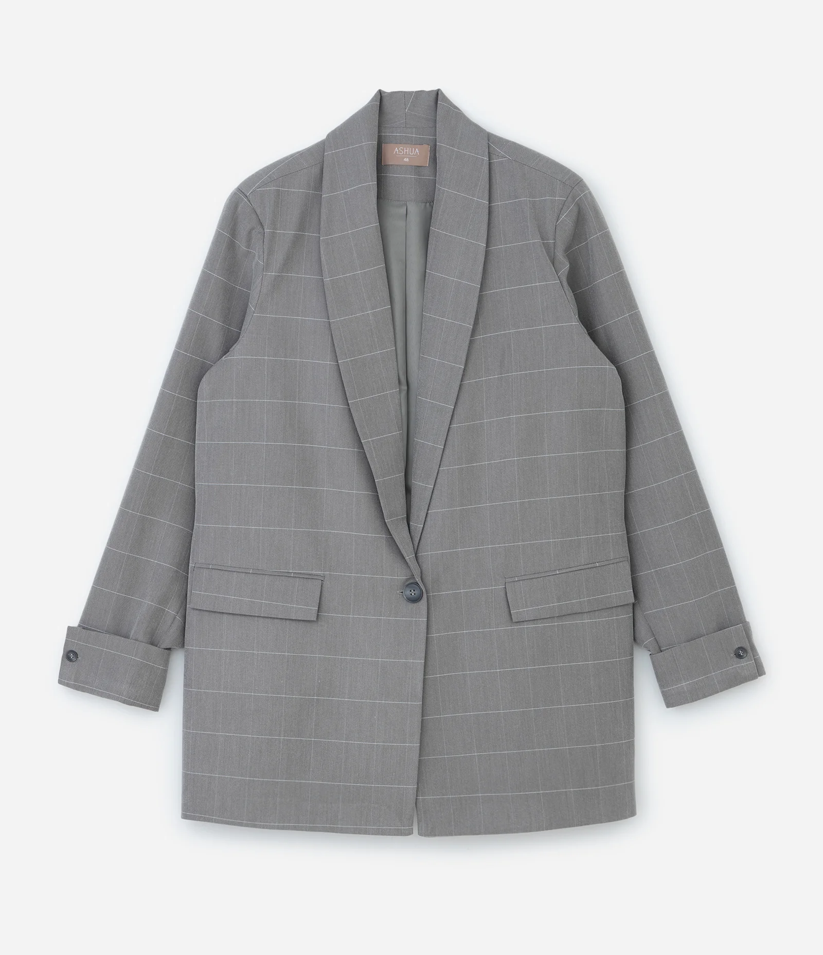 Blazer Alongado Xadrez Alfaiatado Curve & Plus Size Cinza 1