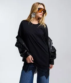 Vestido Reto em Algodão com Renda na Barra