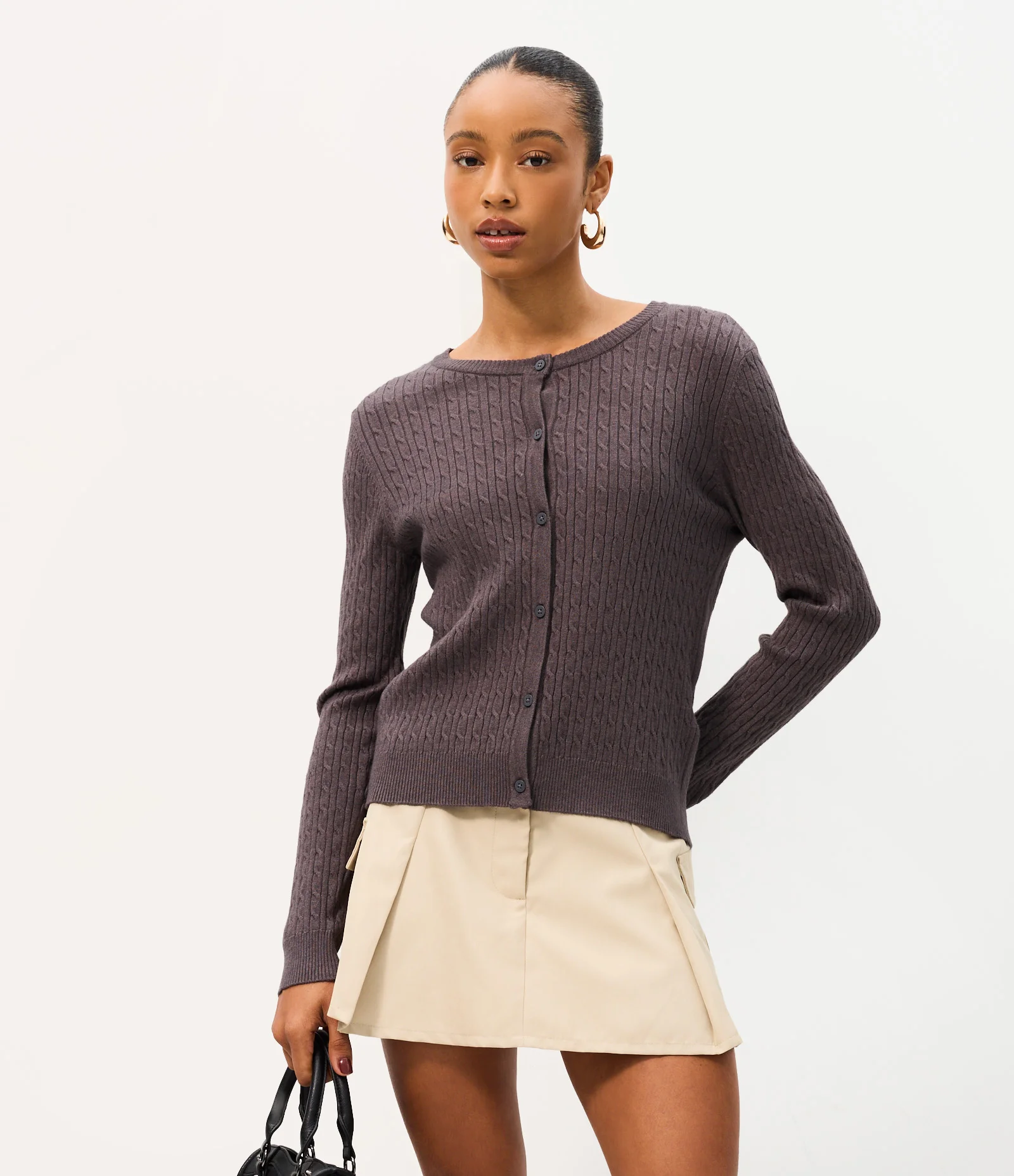 Cardigan em Tricô Texturizado com Barra Canelada Cinza