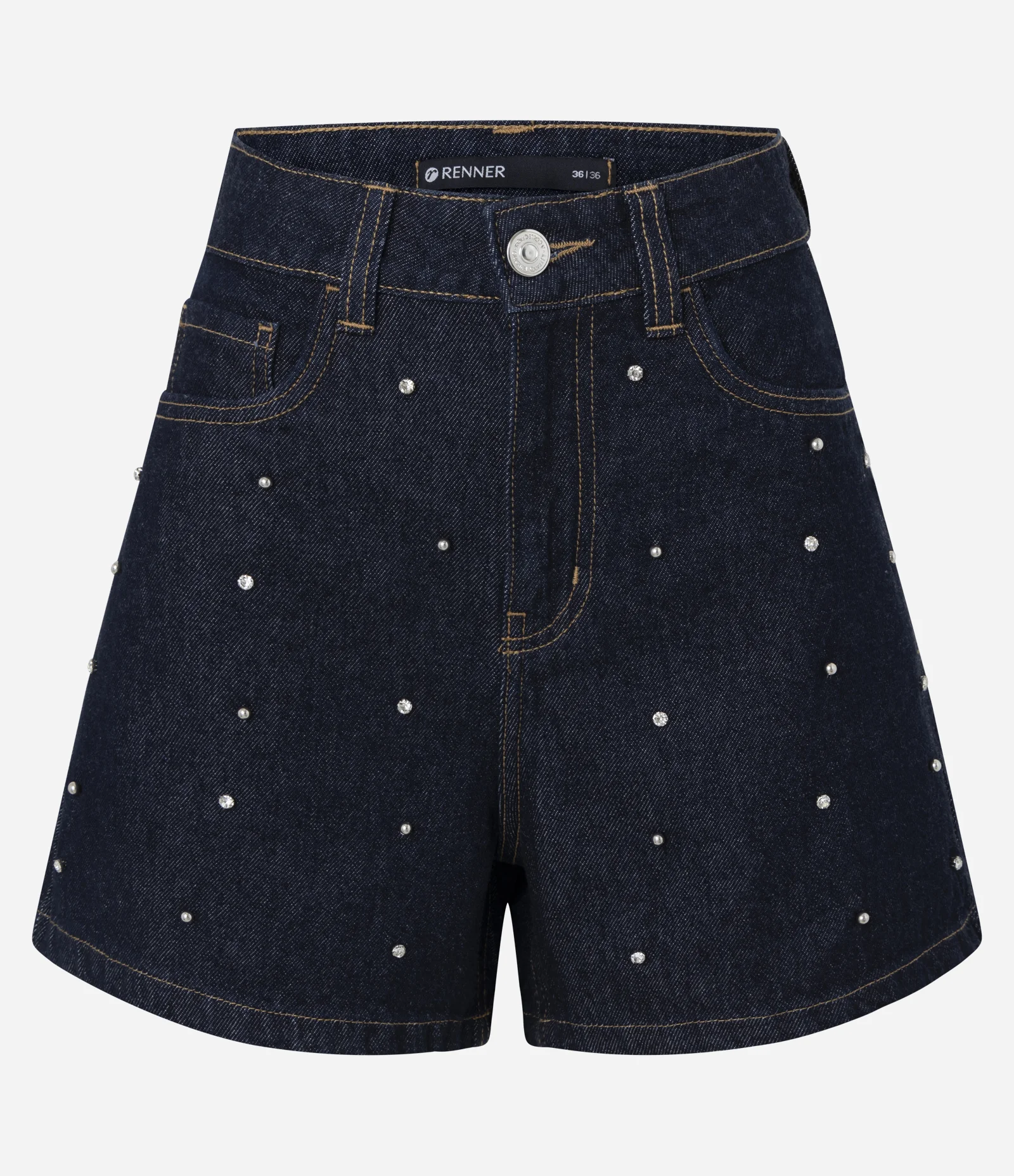 Short Evasê em Jeans com Cintura Alta e Brilhos Aplicados Azul Escuro 5