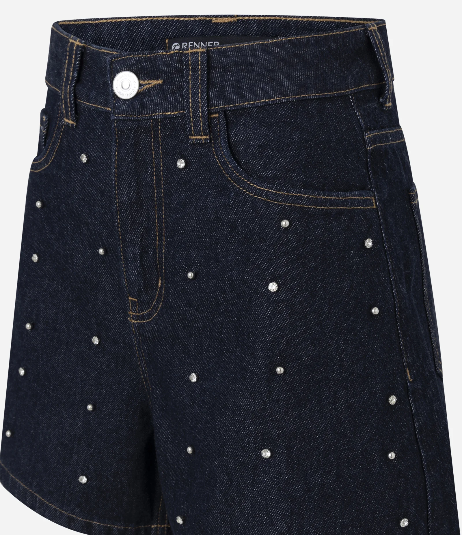 Short Evasê em Jeans com Cintura Alta e Brilhos Aplicados Azul Escuro 6