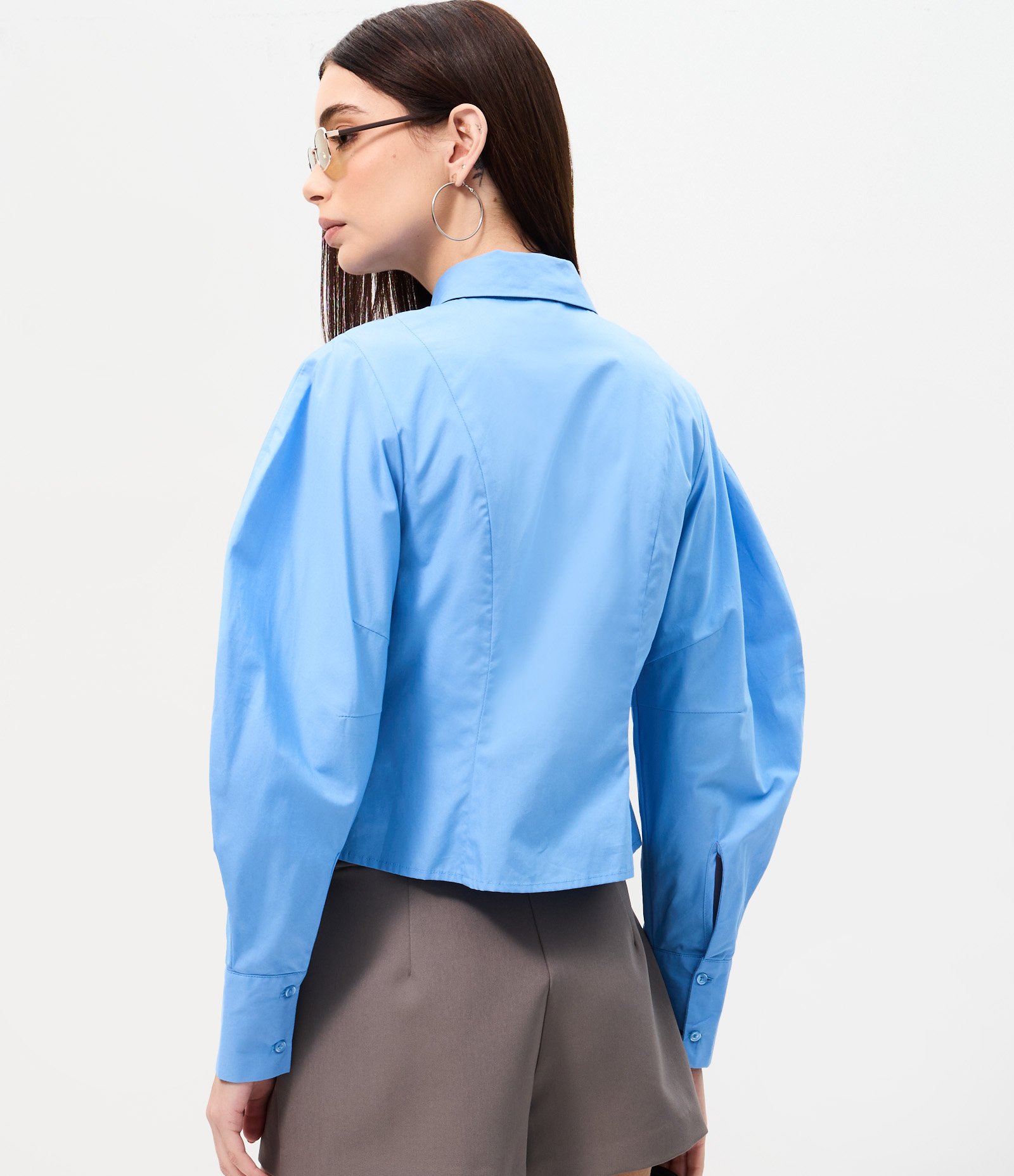 Camisa em Tricoline com Gravata e Mangas Bufantes Azul 7