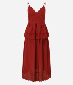 Vestido Evasê Midi em Laise com Sobreposição e Bordados