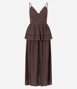 Vestido Evasê Midi em Laise com Sobreposição e Bordados