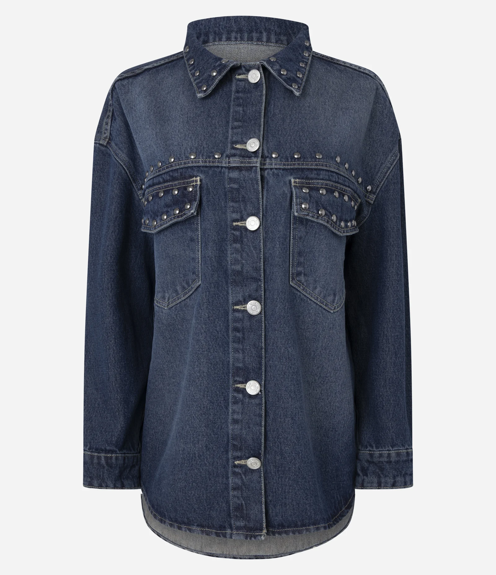 Camisa Jeans Overshirt Com Tachas Azul Escuro 1