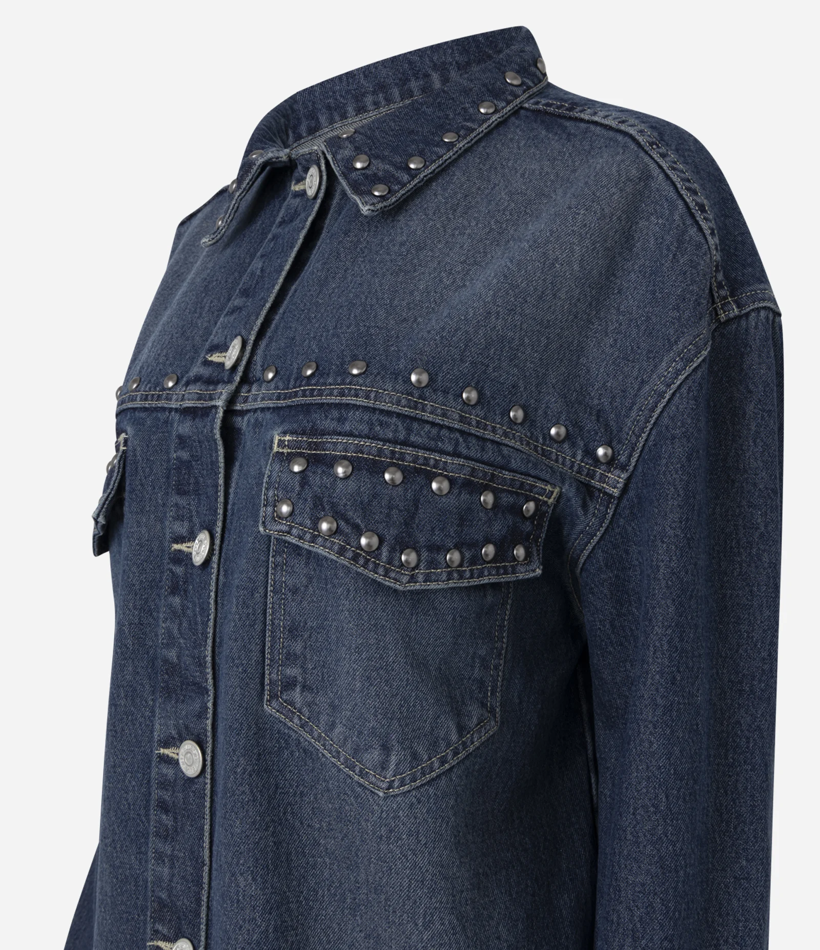 Camisa Jeans Overshirt Com Tachas Azul Escuro 2