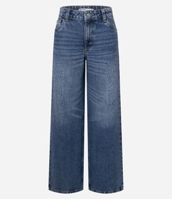 Calça Wide em Jeans com Brilho Lateral e Cintura Baixa