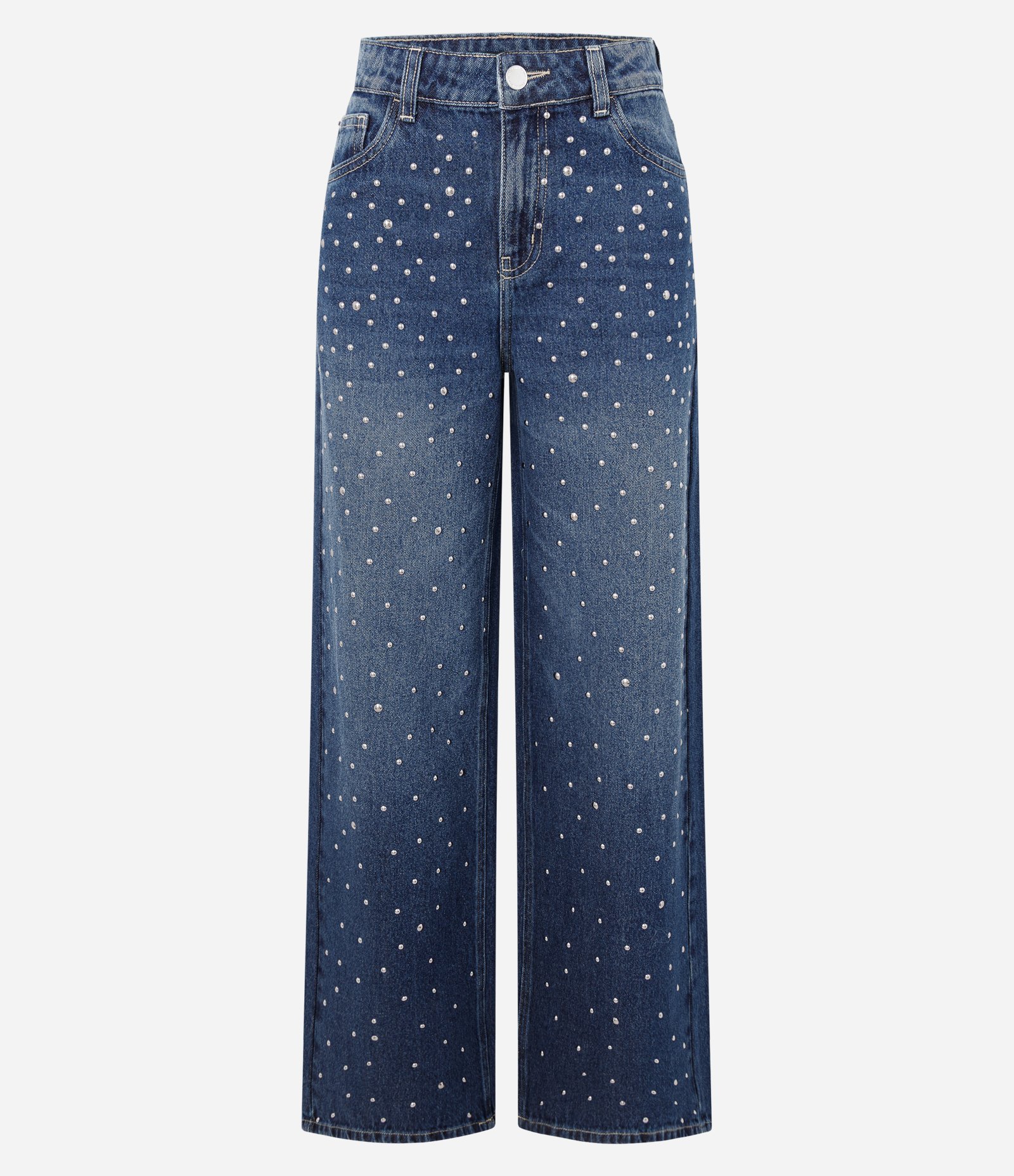 Calça Wide em Jeans com Tachas Aplicadas e Cintura Média Azul 5