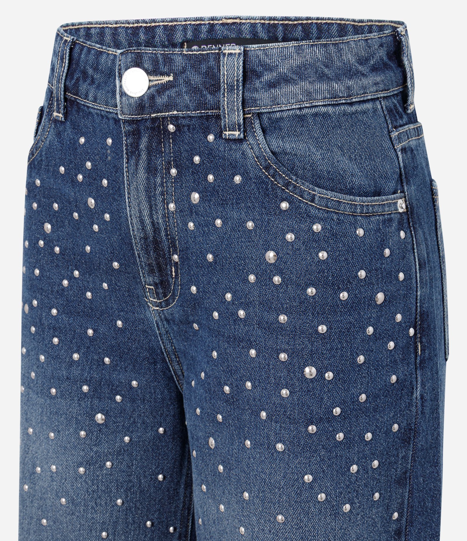 Calça Wide em Jeans com Tachas Aplicadas e Cintura Média Azul 6