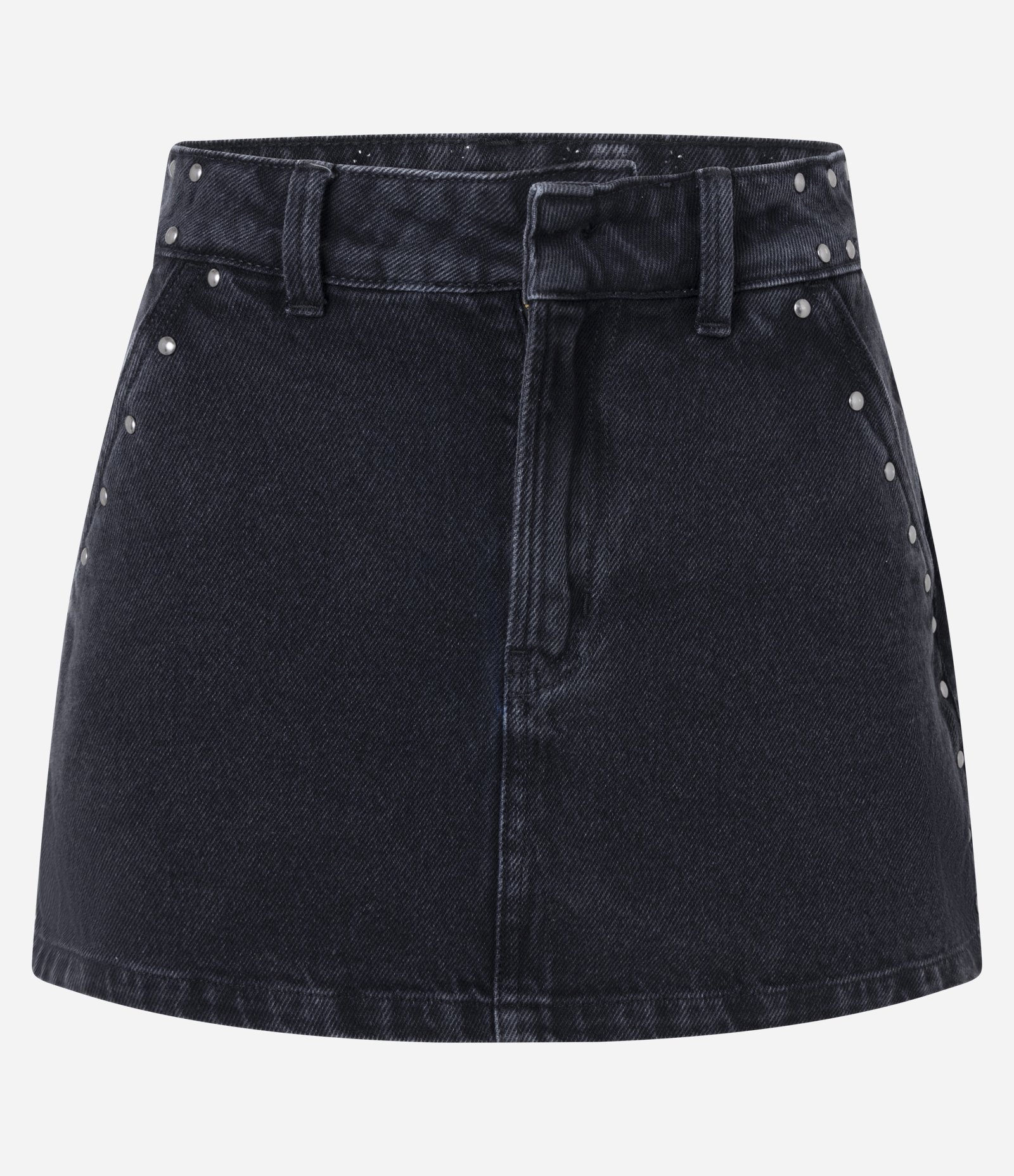 Short Saia em Jeans com Cintura Alta Tachas e Recorte Preto 5