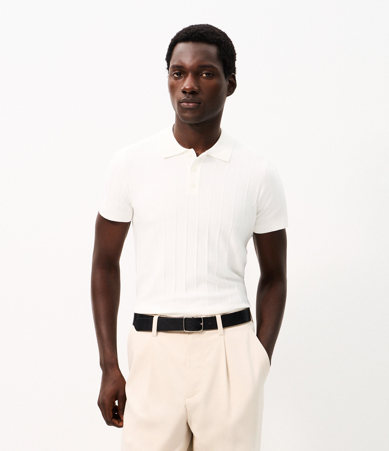 Camisa Polo em Tricô com Textura Vertical Branco 1