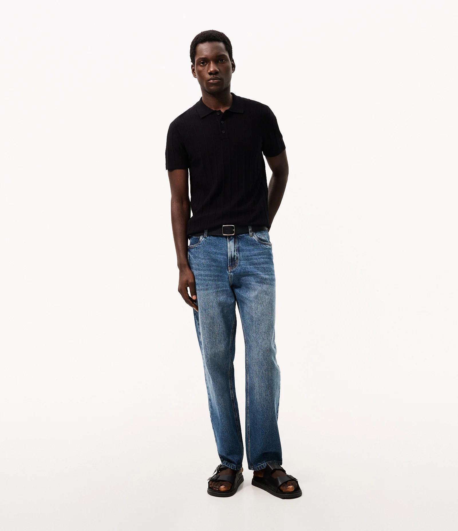 Camisa Polo em Tricô com Textura Vertical Preto 2