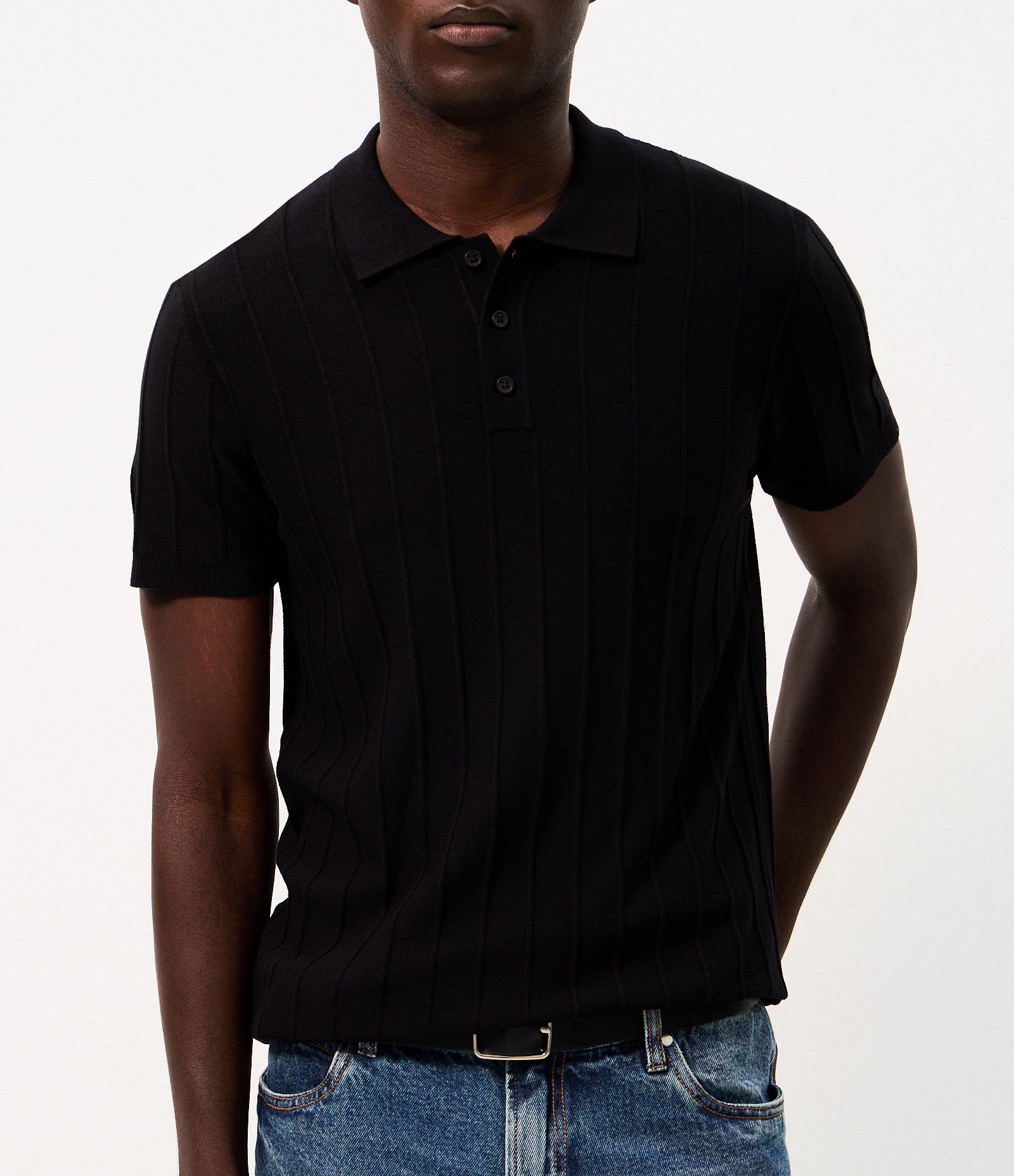 Camisa Polo em Tricô com Textura Vertical Preto 3