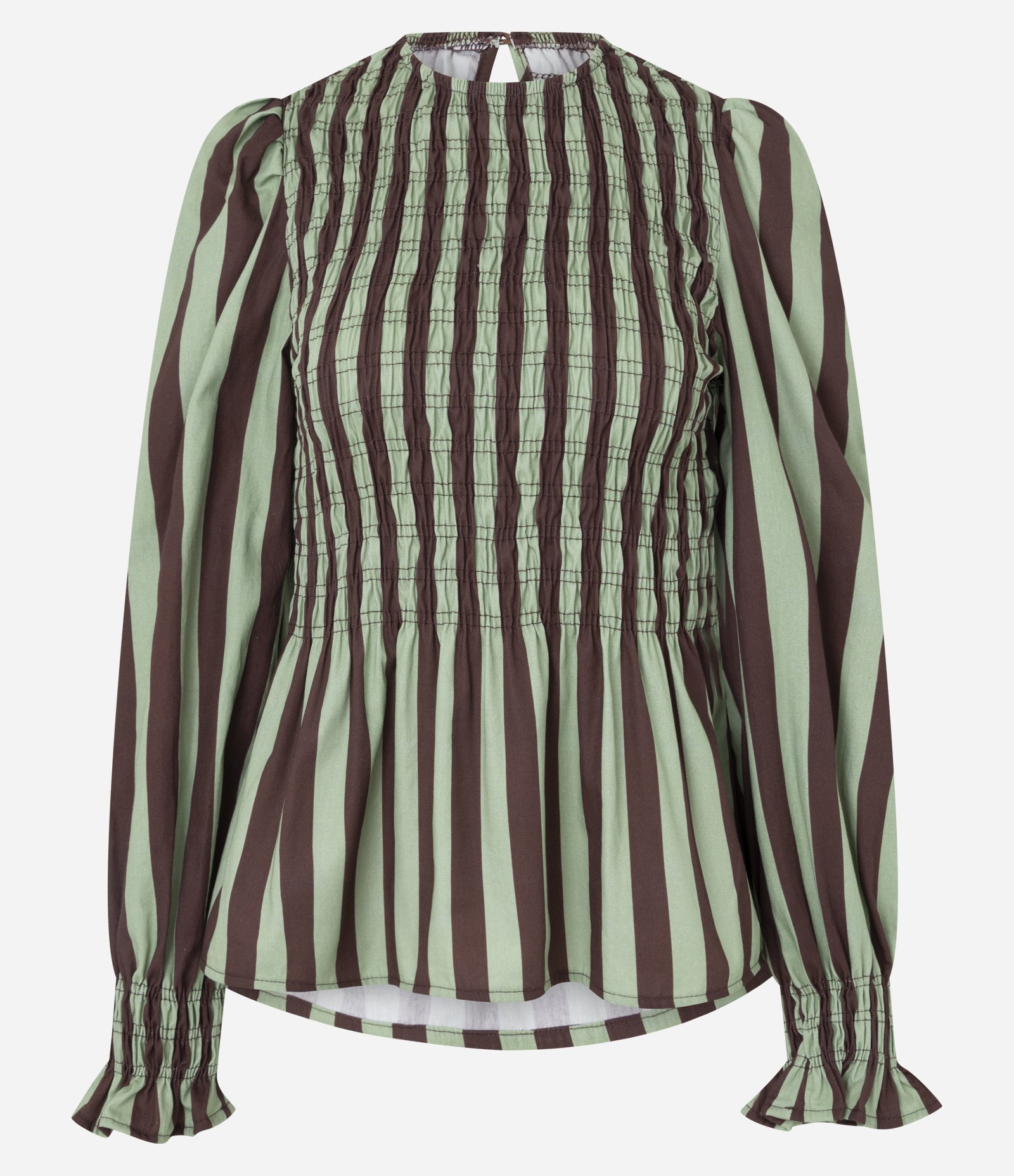 Blusa Listrada em Tricoline com Lastex e Mangas Bufantes Verde/Marrom 5