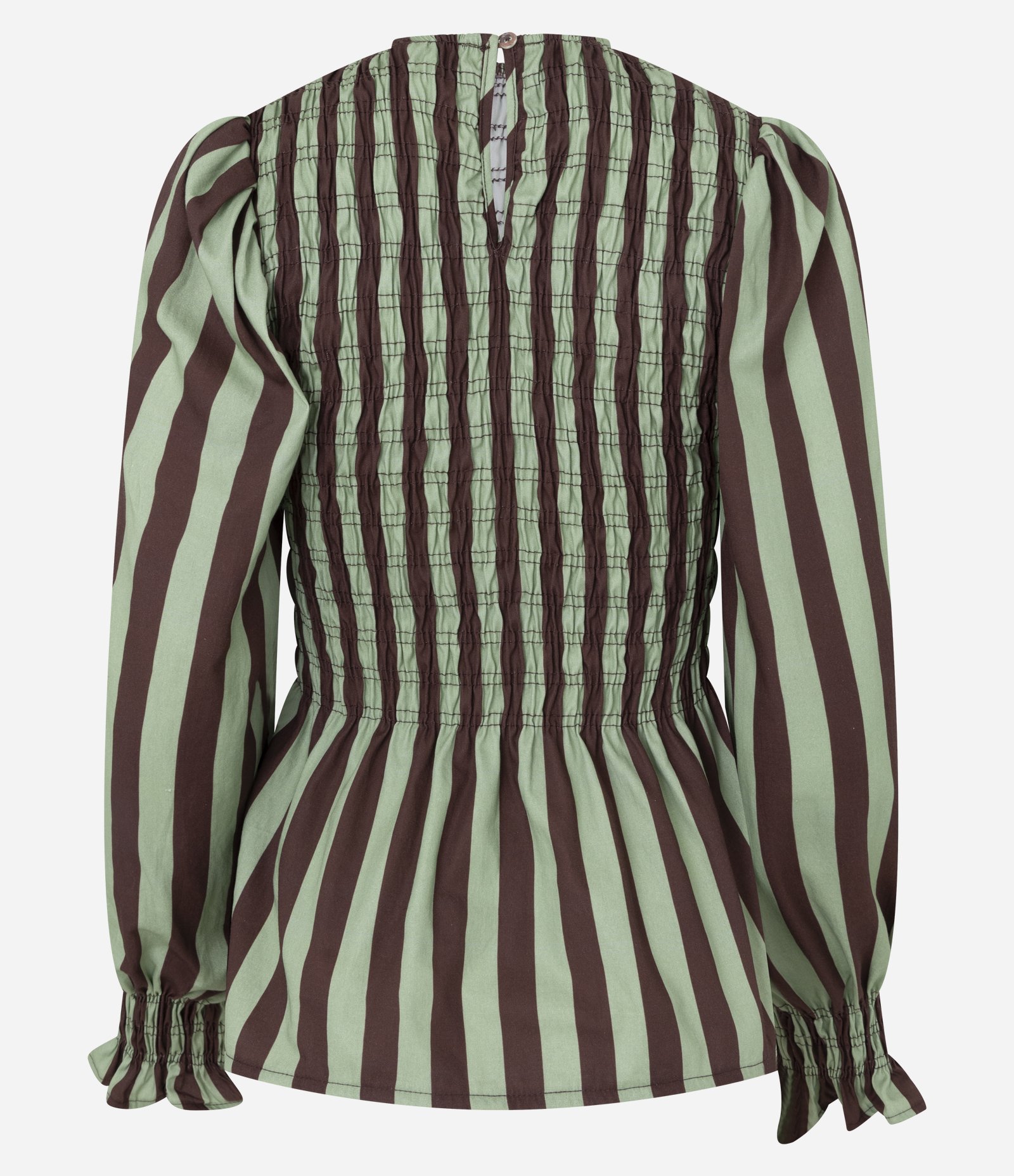 Blusa Listrada em Tricoline com Lastex e Mangas Bufantes Verde/Marrom 6