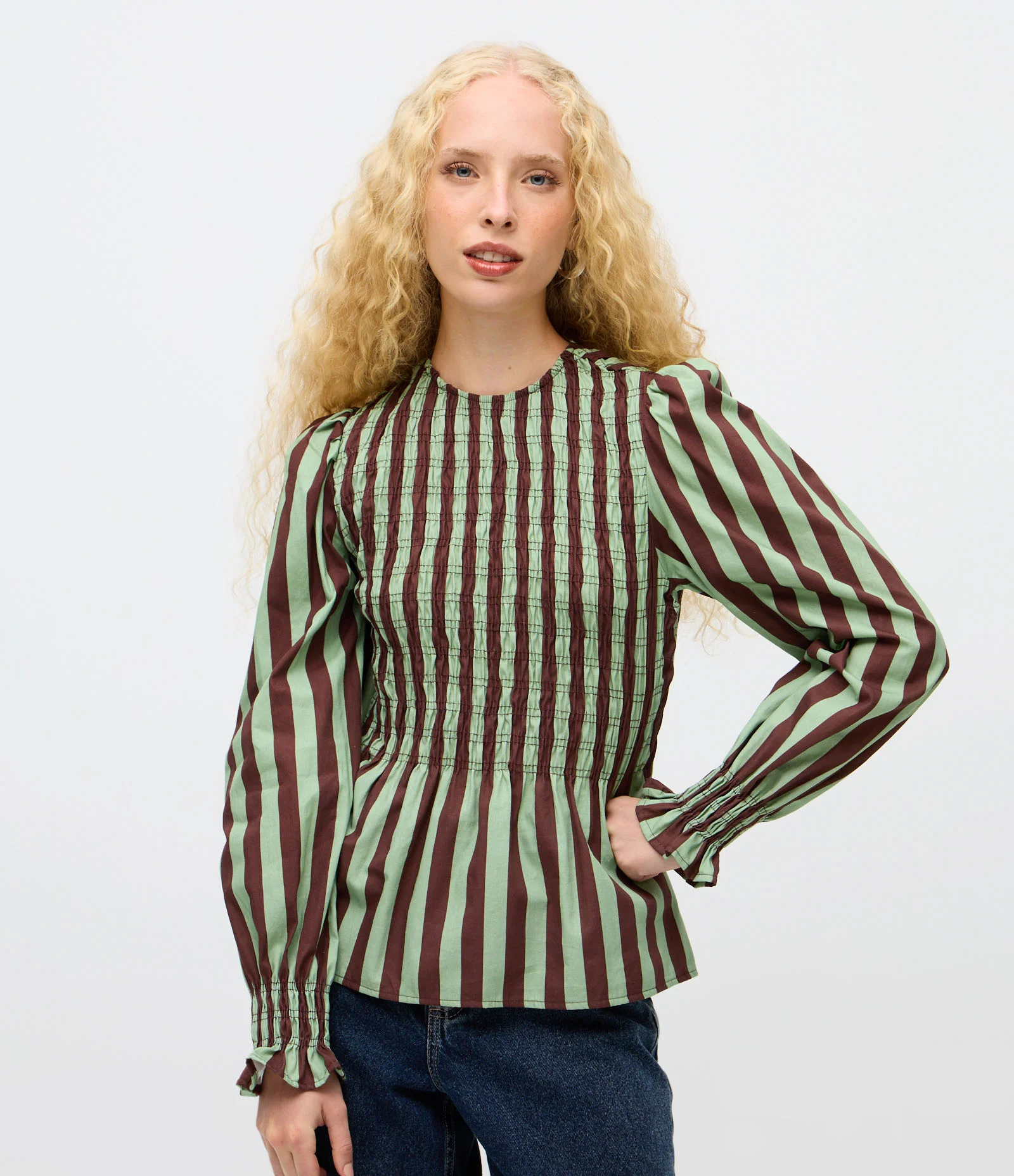 Blusa Listrada em Tricoline com Lastex e Mangas Bufantes Verde/Marrom 1