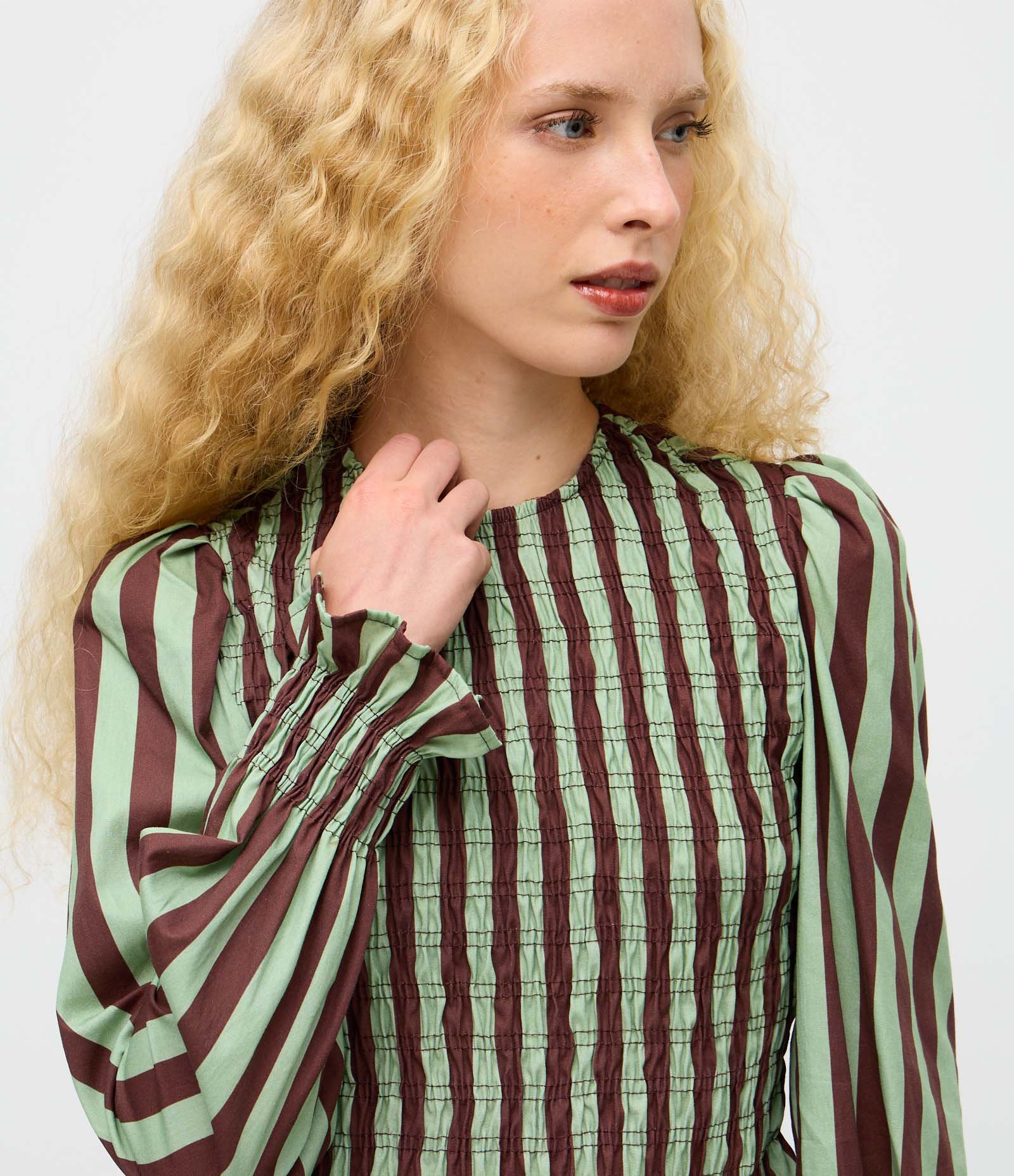 Blusa Listrada em Tricoline com Lastex e Mangas Bufantes Verde/Marrom 3