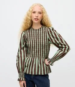 Blusa Listrada em Tricoline com Lastex e Mangas Bufantes