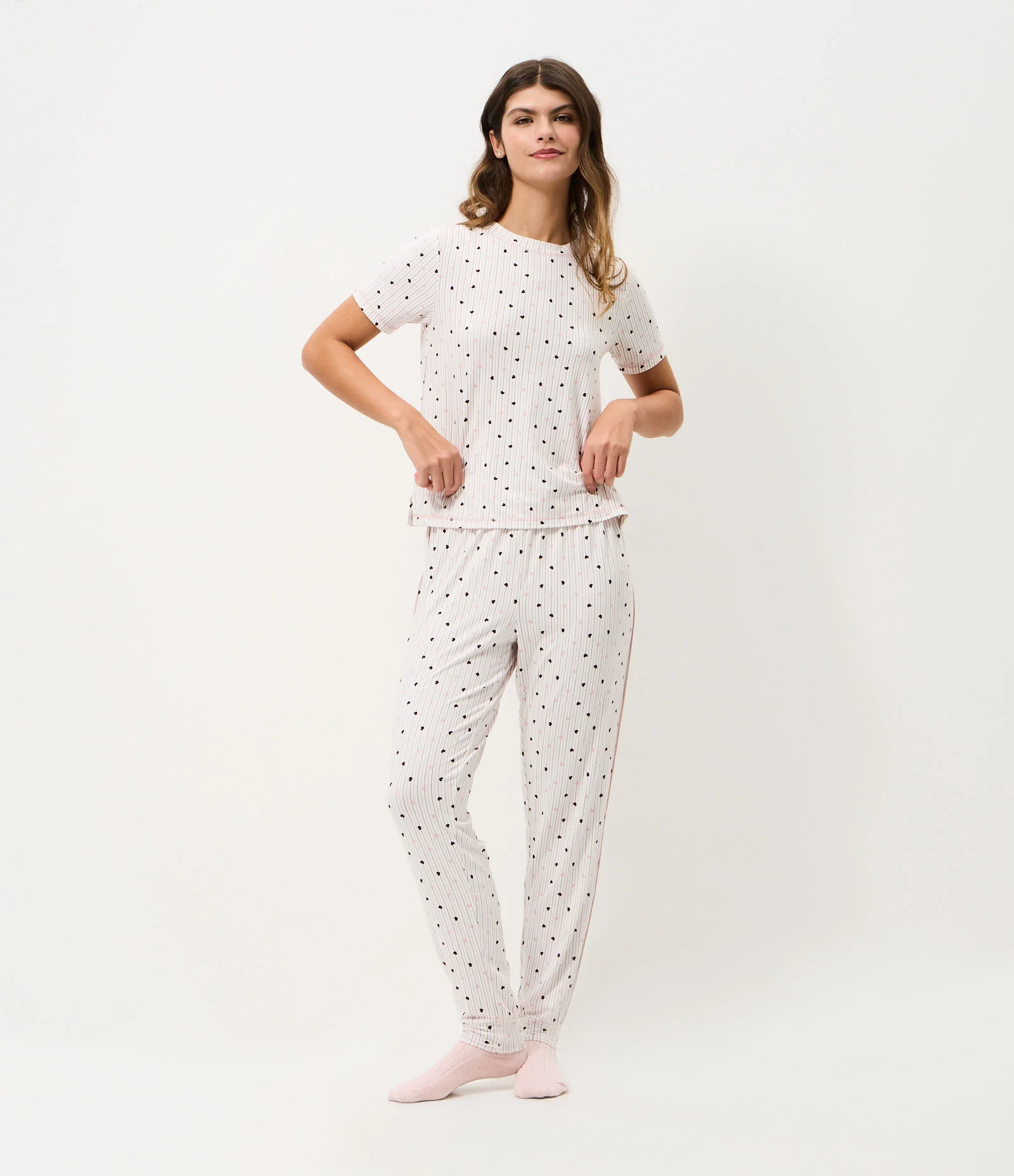 Blusa de Pijama em Peach Touch com Estampa de Corações Branco 2