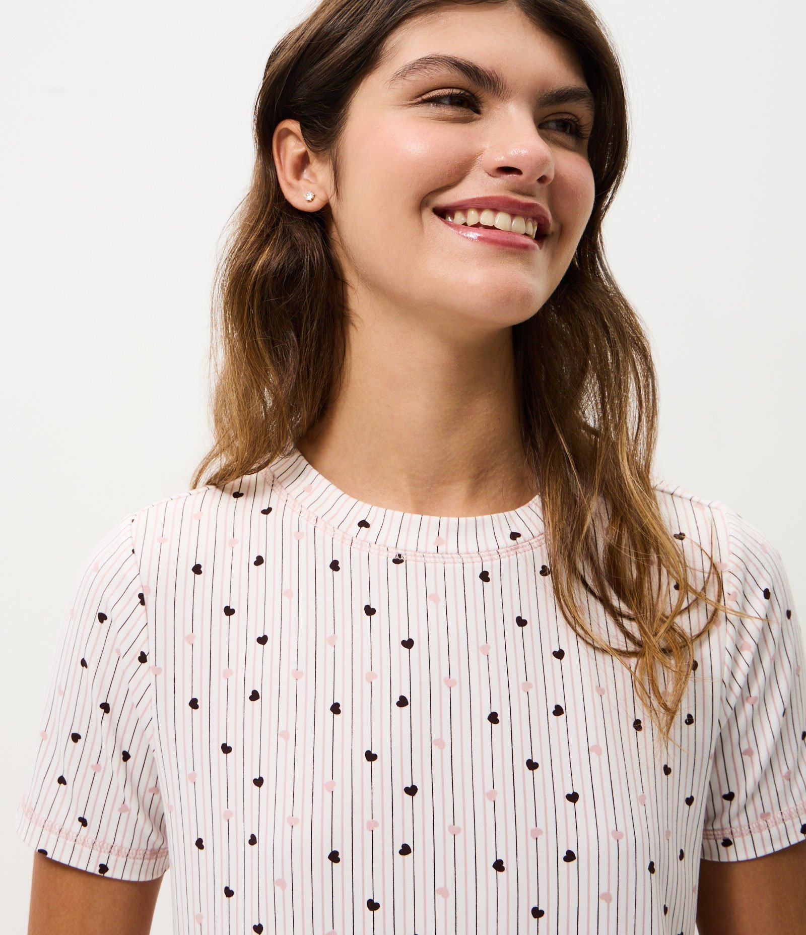 Blusa de Pijama em Peach Touch com Estampa de Corações Branco 3